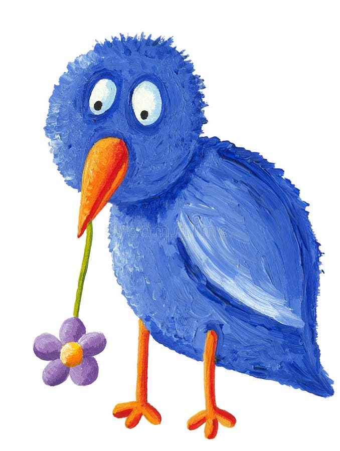 Lustiger blauer Vogel mit purpurroter Blume im Schnabel