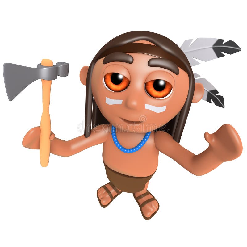 Render of a funny cartoon 3d Native American Indian character cheering with his axe. Render of a funny cartoon 3d Native American Indian character cheering with his axe