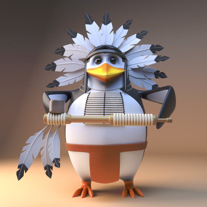 Funny 3d native American Indian penguin chieftain in traditional feathered headdress holding a peace pipe, 3d illustration render. Funny 3d native American Indian penguin chieftain in traditional feathered headdress holding a peace pipe, 3d illustration render