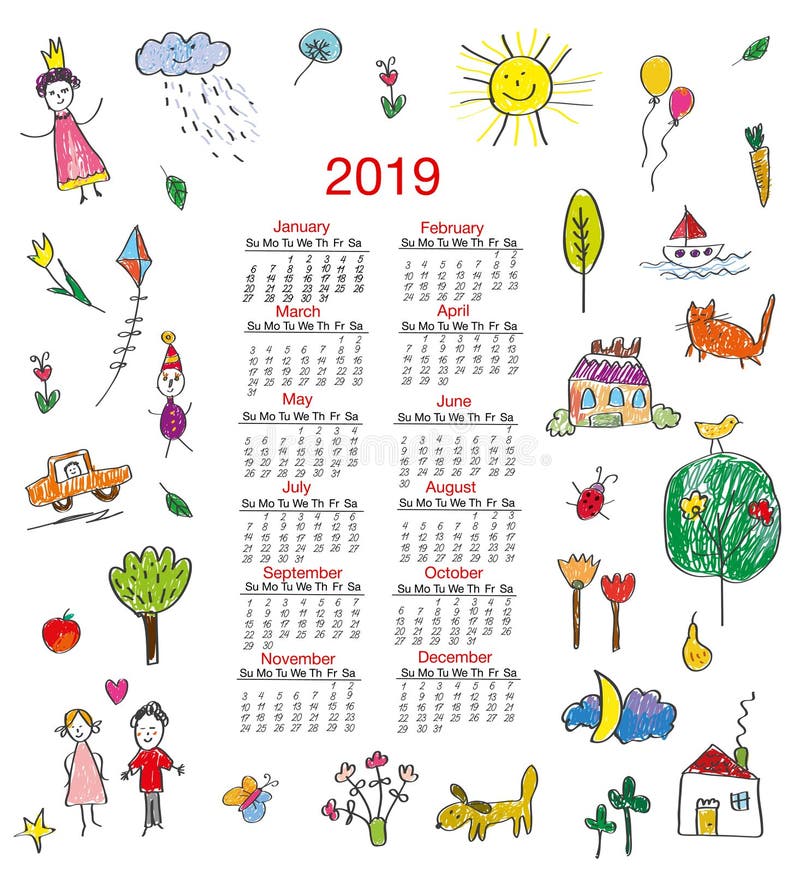Lustiger Kalender 2019 mit Kinderzeichnungen für Kinder Auch im corel abgehobenen Betrag vektor abbildung Lustiger Kalender 2019 mit Kinderzeichnungen für Kinder Auch im corel abgehobenen Betrag vektor abbildung