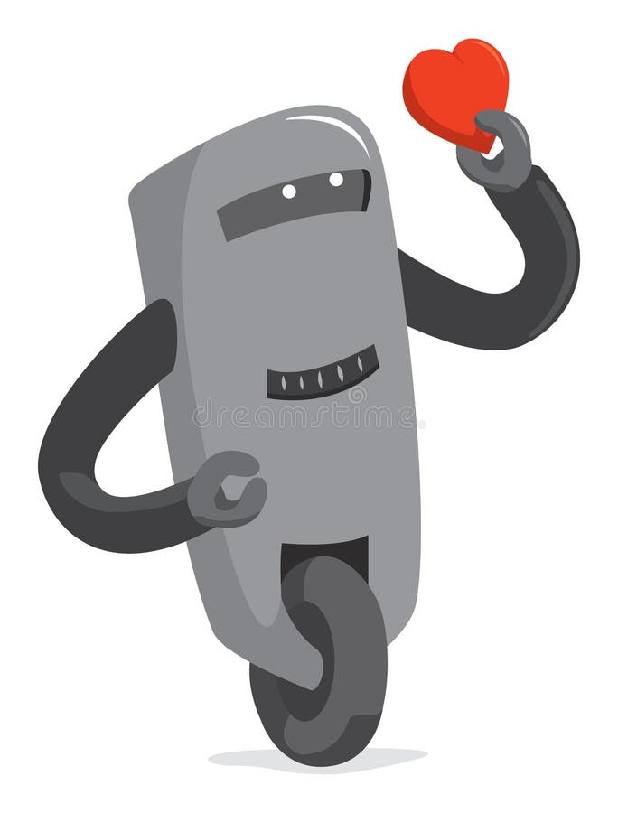 Lustiger Roboter mit den Gefühlen, die ein Herz halten stock abbildung