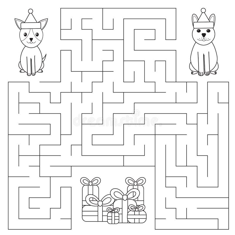 Lustiges Labyrinth für Kinder Hunde suchen nach Geschenken vektor abbildung Lustiges Labyrinth für Kinder Hunde suchen nach Geschenken vektor abbildung