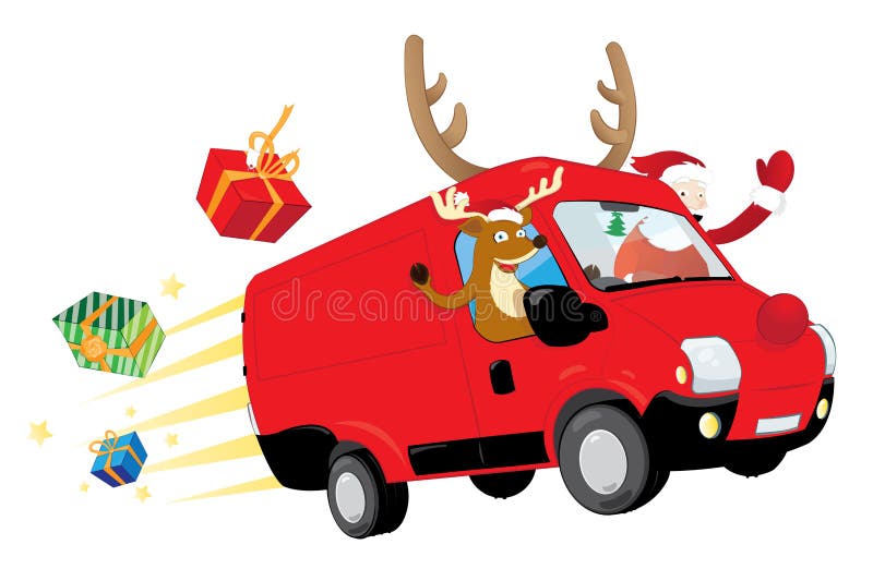 Lustiges Weihnachtsren und -Santa Claus, die einen roten Packwagen fährt und Geschenke liefert lizenzfreie abbildung Lustiges Weihnachtsren und -Santa Claus, die einen roten Packwagen fährt und Geschenke liefert lizenzfreie abbildung