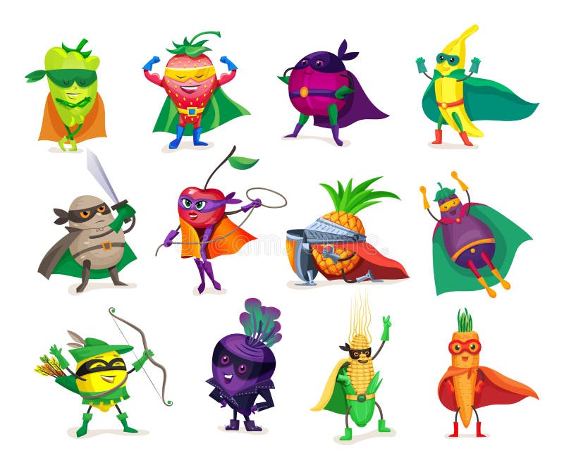 Funny cartoon characters vegetables and fruits in superhero costumes. Concept of healthy diet, natural organic food products super hero, in raincoats, costumes and masks. Vector illustration. Funny cartoon characters vegetables and fruits in superhero costumes. Concept of healthy diet, natural organic food products super hero, in raincoats, costumes and masks. Vector illustration.