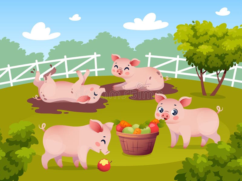 Lustigt smågrisar. rosa grisar som frodas i söta lerdjur som leker i puddle cartoon mascot-barnskrivna royaltyfri illustrationer