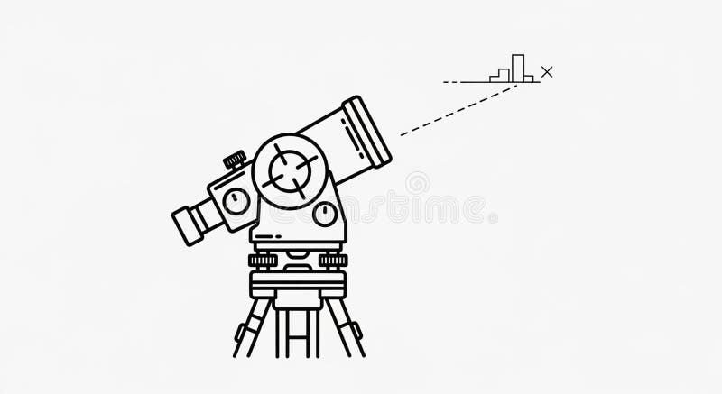 A black and white line drawing of a theodolite on a tripod used for surveying and measuring angles. The device is depicted with gears and adjustment knobs aimed at a distant target represented by simple geometric shapes including a cross. The illustration is minimalistic focusing on the theodolite s functionality and design. Theodolite logo illustrations