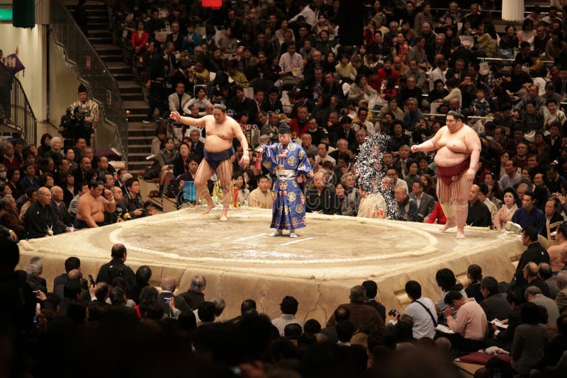 Lutadores de Sumo que jogam o sal na arena fotografia de stock Lutadores de Sumo que jogam o sal na arena fotografia de stock