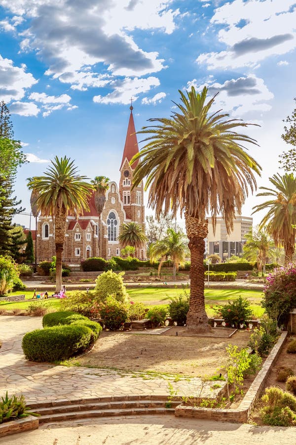 Luteran Christ Church and park with palms in front, Windhoek, Na