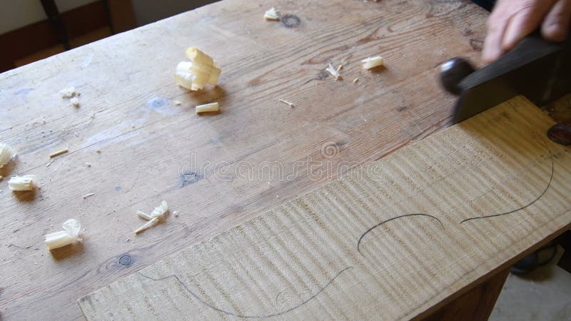 Luthier working in the cover of a new violin or viola