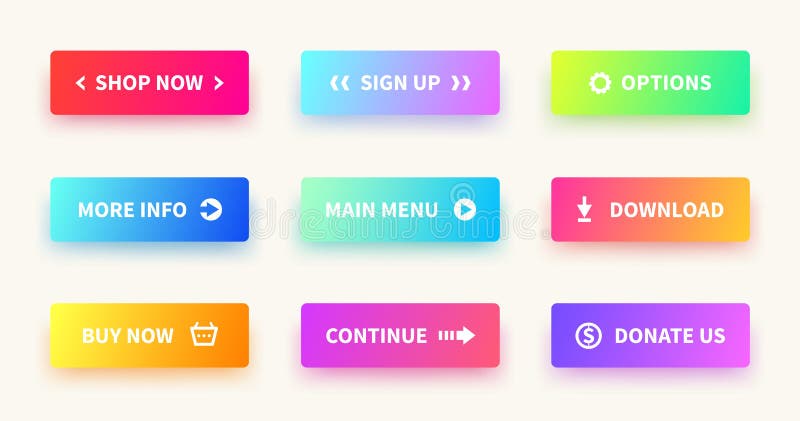 Lutningknappar Användargränssnittrengöringsdukknapp, materiell design, rektangulär form för ui, apphandling att sända Vektorlutni vektor illustrationer Lutningknappar Användargränssnittrengöringsdukknapp, materiell design, rektangulär form för ui, apphandling att sända Vektorlutni vektor illustrationer