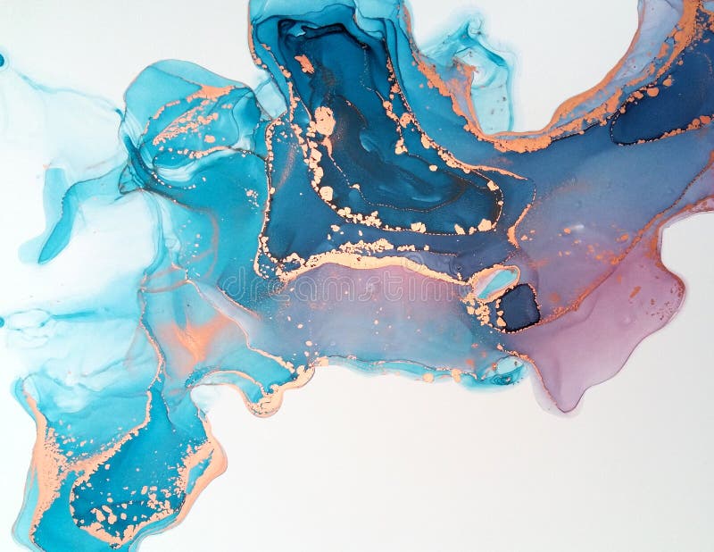 Luxe abstracte ondergrondse vloeistofschildering alcoholinkt blauw en paars met goud. marmertextuur