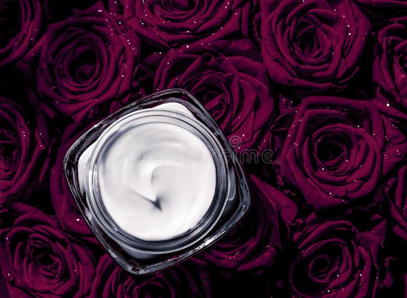 Face Cream Skin Moisturizer And Dark Purple Flowers Luxury Skincare