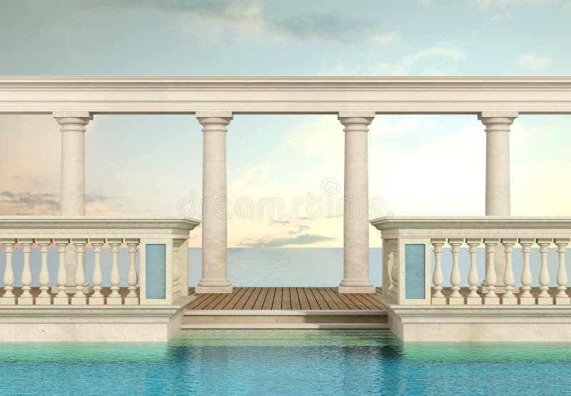 Luxury swimming pool with classic balustrade and colonnade overlooking the sea - 3d Rendering. Luxury swimming pool with classic balustrade and colonnade overlooking the sea - 3d Rendering