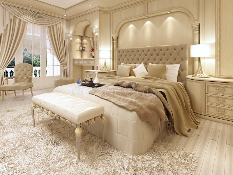 Luxebed in een grote neoklassieke slaapkamer met decoratief gebied royalty-vrije illustratie Luxebed in een grote neoklassieke slaapkamer met decoratief gebied royalty-vrije illustratie
