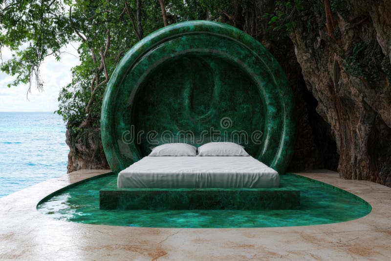 Luxueux complexe de plage tropicale lit avec vue sur l'océan illustration stock