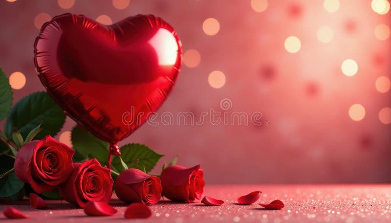 Luxuriga röda rosor ballong glittrande bakgrund Alla hjärtans dagstabellfirandevalentiner royaltyfri illustrationer