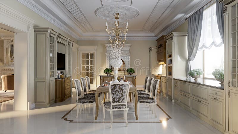 Luxurious Baroque Kitchen and Dining Room Stock Illustration ...