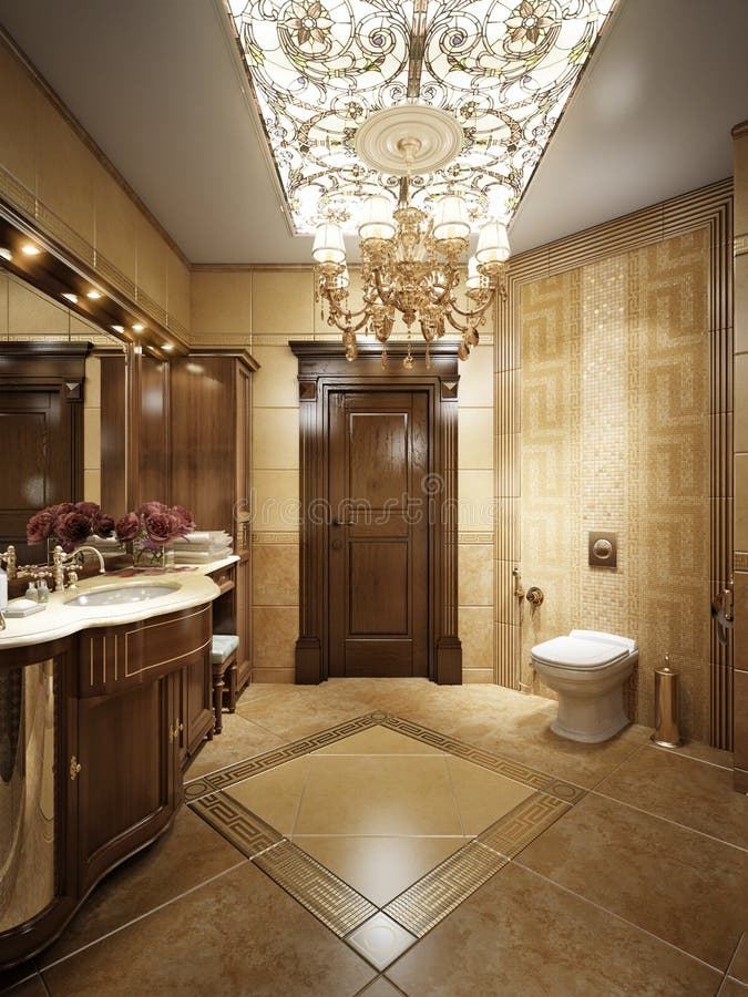 Luxurious Bathroom in Classic Style with Crystal Chandeliers Stock