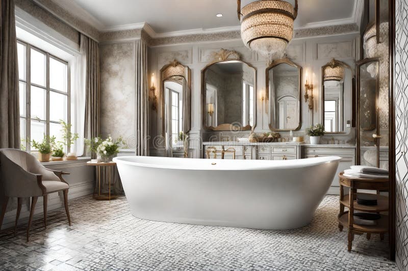 A Luxurious Bathroom with a Freestanding Bathtub, Elegant Fixtures, and