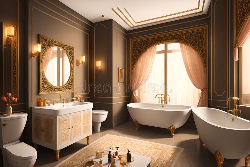 Luxurious Bathroom Interior in a Modern Royal Palace, in Light of