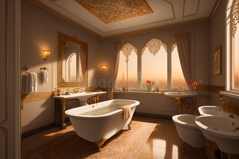 Luxurious Bathroom Interior in a Modern Royal Palace, in Light of