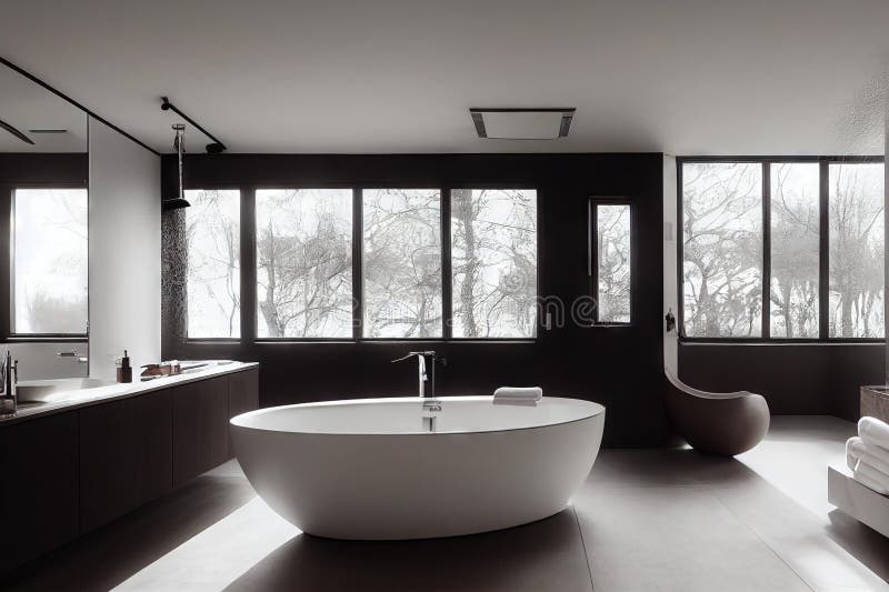 Luxurious Bathroom Interior with Windows and Large Round Bath in Middle