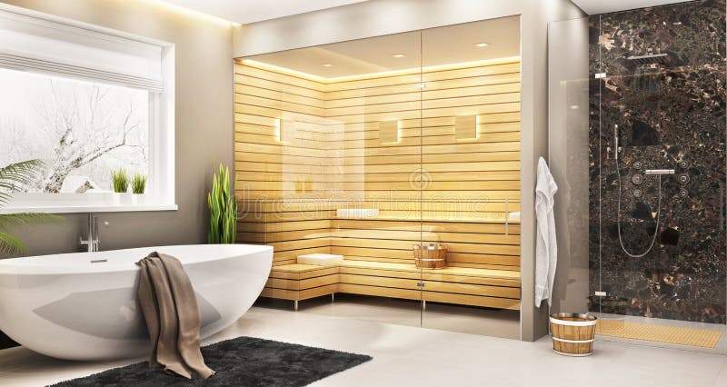 Bel bagno con bianco sauna e una vasca e doccia in una casa moderna.