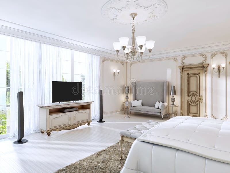 Luxurious Bedroom with a Large Sofa and TV Unit the Large Window Stock