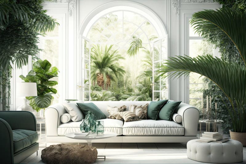 Luxurious Bright Room with Soft Sofas and Palm Trees Jungle Interior