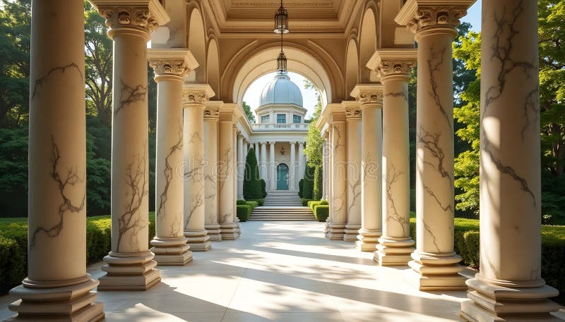 A luxurious building with tall pillars supporting all the building structures. Ornate structure features tall, polished marble pillars with intricate capitals, supporting a grand colonnade. The pillars line a symmetrical walkway leading to an entrance adorned with a classical dome. Warm sunlight casts soft shadows across the tiled floor. The surrounding lush greenery frames the building, enhancing its grandeur and elegance. The architecture reflects classical influences, emphasizing symmetry and grandeur.