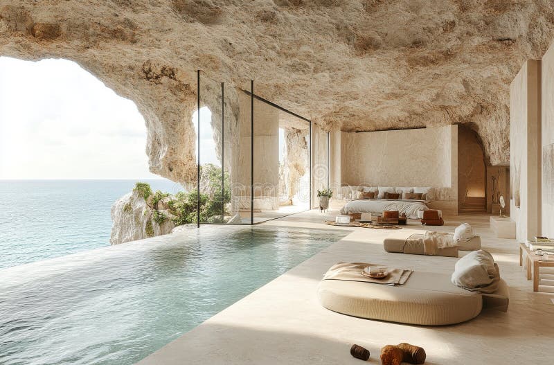 Luxurious cave hotel with a pool and sea view, featuring modern design elements and natural light