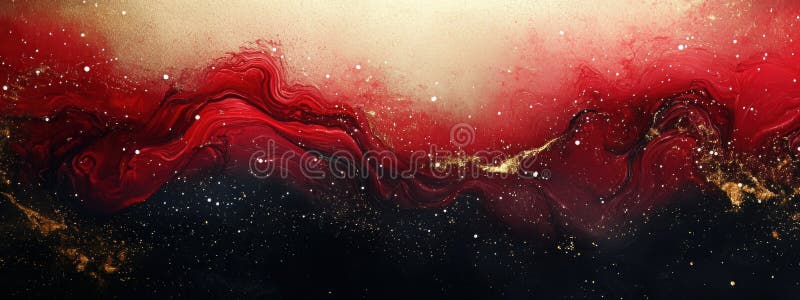 Luxurious Deep Ruby Banner with Silver Shimmering Frame. Elegant banner featuring a deep ruby background. Silver splashes create a shimmering frame on the left third, enhanced by scattered, glowing turquoise particles for a luxurious look.