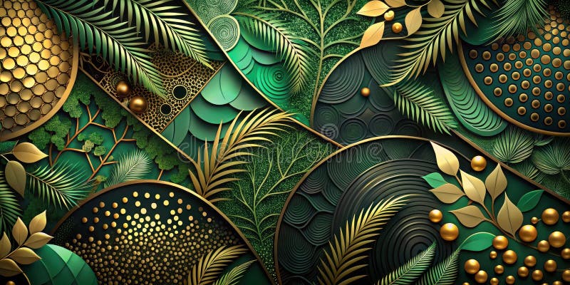 Luxurious emerald and gold botanical abstract design featuring layered circles, leaves, and geometric patterns. Generative AI vector illustration