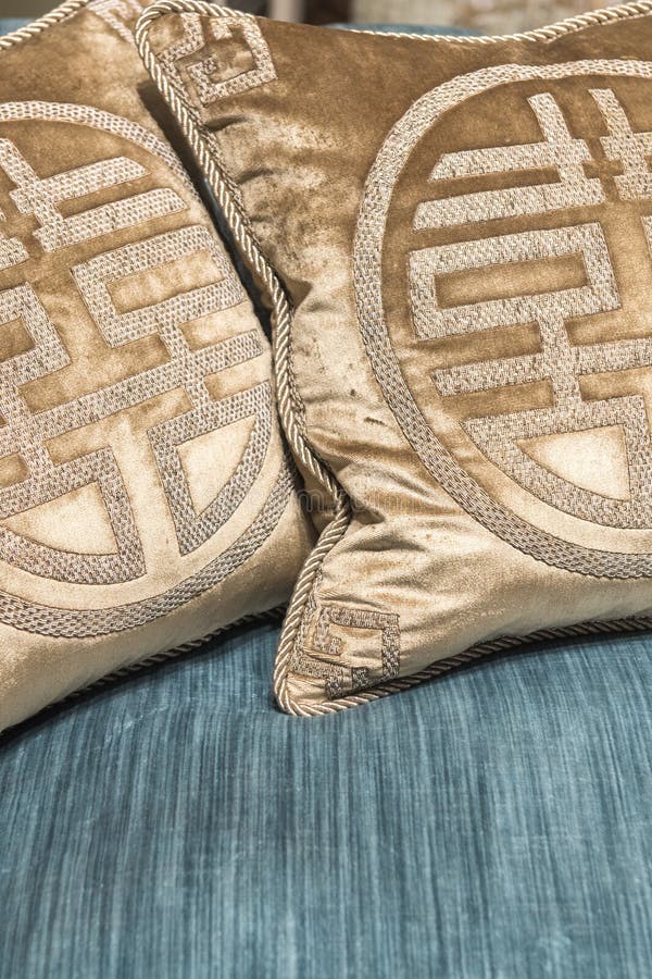 Luxurious Gold Cushions on Expensive Blue Sofa Stock Photo Image of