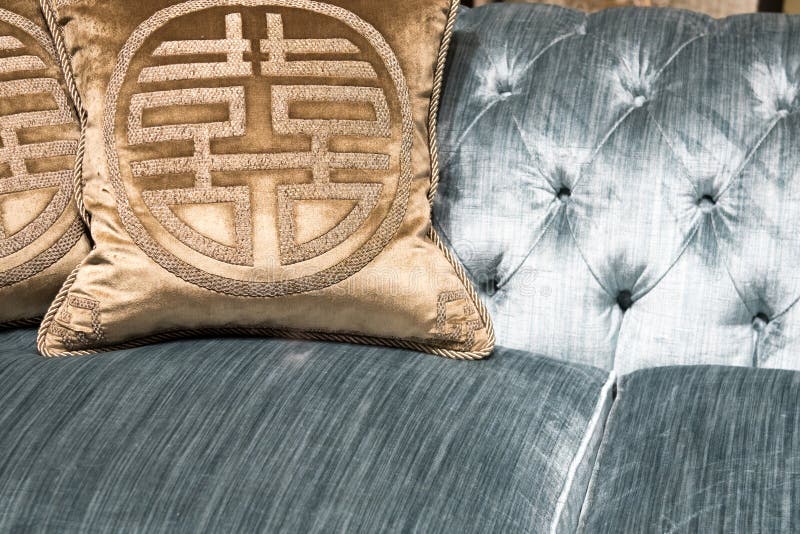 Luxurious Gold Cushions on Expensive Blue Sofa Stock Photo Image of luxurious, cushions 98128626