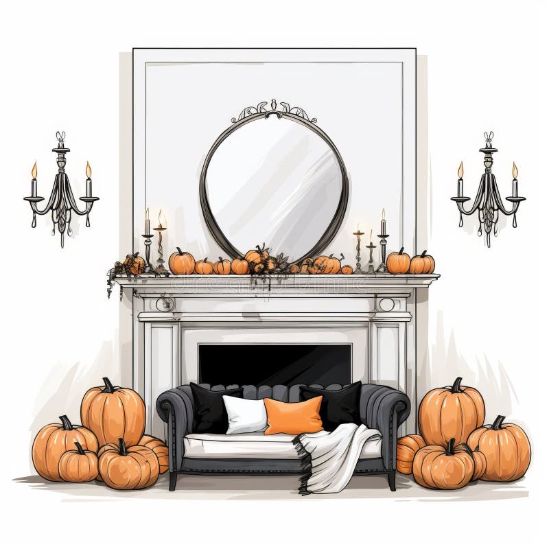 Luxurious Halloween Interior Design With Jackolanterns And Fireplace stock illustration