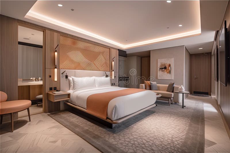 Luxurious Hotel Room, with Sleek Furnishings and Modern Amenities Stock