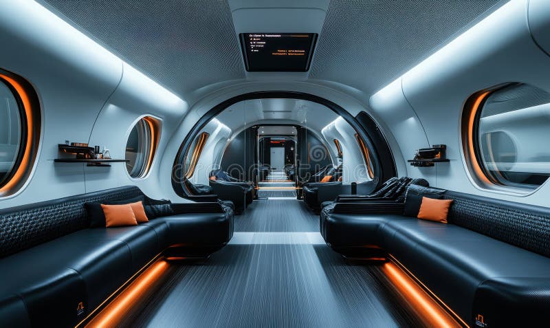 Luxurious interior of a high-speed train featuring black leather seats and modern amenities in a sleek cabin royalty free stock photos