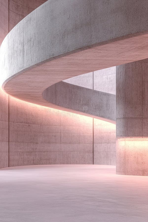 A luxurious interior layout features smooth curved brutalist architecture highlighted by gentle pastel lighting. The stock photos