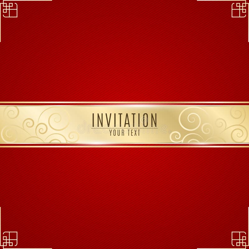 Luxurious invitation. Golden ribbon banner on a red background with a pattern of oblique lines. Realistic gold strip with an inscr stock illustration Luxurious invitation. Golden ribbon banner on a red background with a pattern of oblique lines. Realistic gold strip with an inscr stock illustration