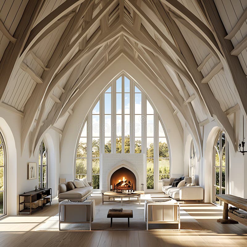 Luxurious Living Room med katedraltak och Fireplace En modern inredningsdesign med ett rymligt bostadsområde med royaltyfri illustrationer