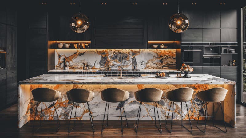 Luxurious Modern Kitchen Interior with Marble Island and Gold Accents ...