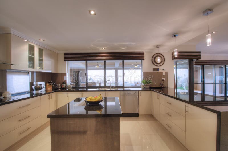 Luxurious Modern Open-Plan Galley Kitchen Stock Photo - Image of ...