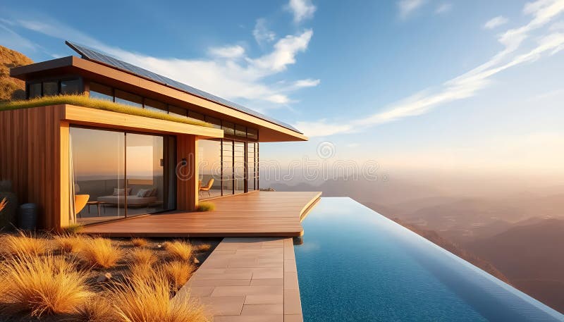 Modern cliffside villa with infinity pool and stunning sunset views stock images