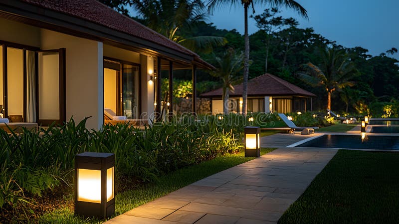 Luxurious Night View of a Tranquil Wellness Resort Surrounded by Nature, Illuminated Pathways, and Serene Outdoor Spaces for vector illustration