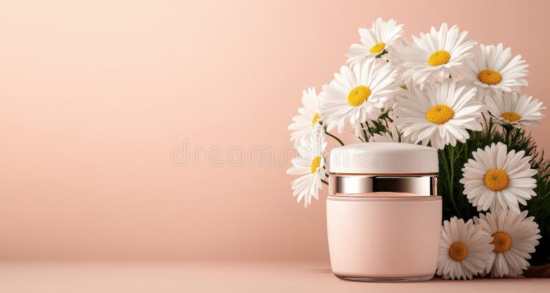 Luxurious Premium cream jar, flower, daisy, pastel, Background pink. Copy space, mockup, banner royalty free illustration