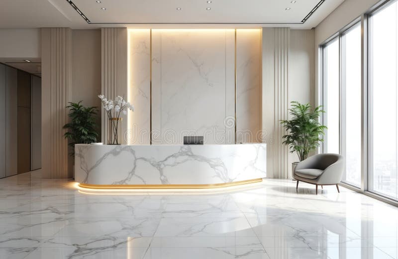 Luxurious reception area with striking marble desk illuminated by golden light. Modern interior design features comfortable stock illustration