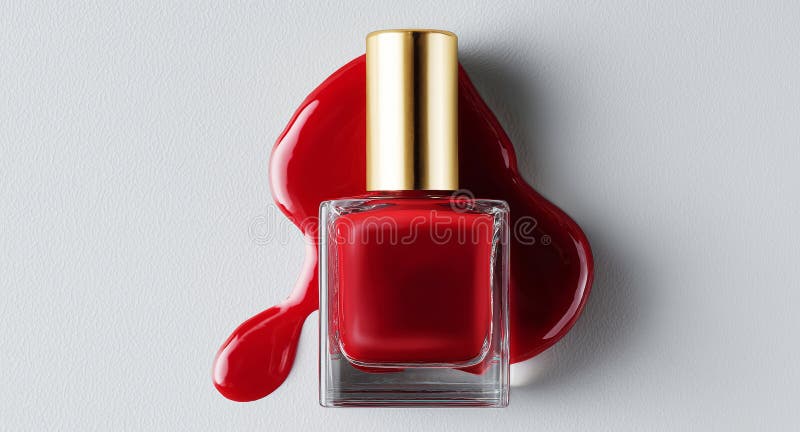 This luxurious red gel nail polish features an elegant gold cap placed on a smooth surface, with a vivid red puddle spilling beside it. Perfect for a high-end manicure experience. Pampering experience stock images, royalty-free photos and pictures