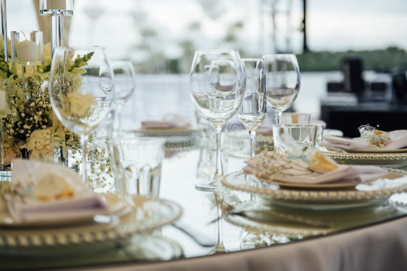 Luxurious Restaurant. Luxurious Interior, White Tables, Serving Dishes