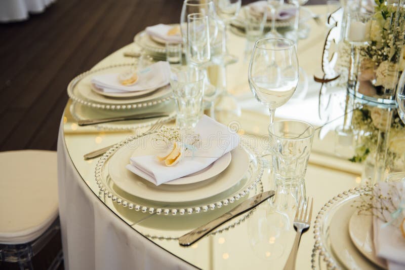 Luxurious Restaurant. Luxurious Interior, White Tables, Serving Dishes